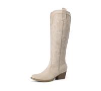 DREAM PAIRS Womens Cowboy Knee High Boots Comfortable Pull On Side Zipper Chunky Heel Embroidered Western Cowgirl Boots Retro Tall Boot,Size 8,Beige,DWUMKB2501