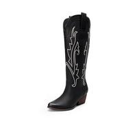 DREAM PAIRS Womens Cowboy Knee High Boots Comfortable Pull On Side Zipper Chunky Heel Embroidered Western Cowgirl Boots Retro Tall Boot for Theme Party Country Concert,Size 6,Black,DWUMKB2501