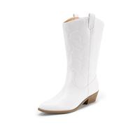DREAM PAIRS Women's Cowboy Mid Calf Western Boots,White,6