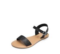 DREAM PAIRS Women's Cute Open Toes One Band Ankle Strap Flexible Summer Flat Sandals HOBOO-New,Size 7,Black/Glitter,HOBOO-New