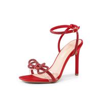DREAM PAIRS Women's Double Bowknots Crystal Sandals Clear Slingback Heels Square Toe Shoes for Party Wedding Brielle,Size 9,Red-Satin,SDHS2389W