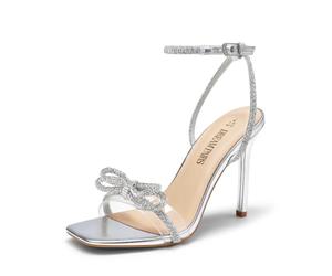DREAM PAIRS Women's Double Bowknots Crystal Sandals Clear Slingback Heels Square Toe Shoes for Party Wedding Brielle,Size 6.5,Silver,SDHS2389W