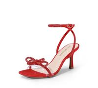 DREAM PAIRS Women's Double Bowknots Heels Open Square Toe Ankle Strap Crystal Rhinestone Dress Sandals for Party Wedding,Size 6.5,Red-Satin,DWUMHS2530