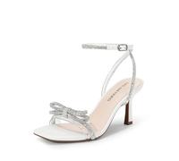 DREAM PAIRS Women's Double Bowknots Heels Open Square Toe Ankle Strap Crystal Rhinestone Dress Sandals for Party Wedding,Size 6.5,White-Pu,DWUMHS2530