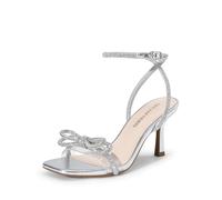 DREAM PAIRS Women's Double Bowknots Heels Open Square Toe Ankle Strap Crystal Rhinestone Dress Sandals for Party Wedding,Size 6.5,Silver-Pu,DWUMHS2530
