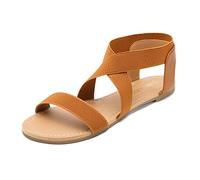 DREAM PAIRS Women's Elastic Ankle Strap Flat Sandals Summer Dressy Shoes Cute Strappy Gladiator Sandals ELATICA-6,Size 6.5,Tan,ELATICA-6