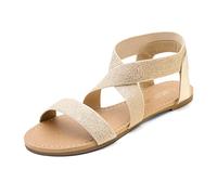 DREAM PAIRS Women's Elastic Ankle Strap Flat Sandals Summer Dressy Shoes Cute Strappy Gladiator Sandals ELATICA-6,Size 7,Gold/Pu,ELATICA-6