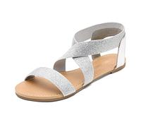 DREAM PAIRS Women's Elastic Ankle Strap Flat Sandals Summer Dressy Shoes Cute Strappy Gladiator Sandals ELATICA-6,Size 6.5,Silver/Pu,ELATICA-6