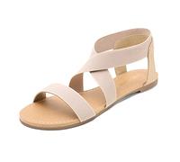 DREAM PAIRS Women's Elastic Ankle Strap Flat Sandals Summer Dressy Shoes Cute Strappy Gladiator Sandals ELATICA-6,Size 9,Nude,ELATICA-6