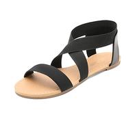 DREAM PAIRS Women's Elastic Ankle Strap Flat Sandals Summer Dressy Shoes Cute Strappy Gladiator Sandals ELATICA-6,Size 7,Black,ELATICA-6