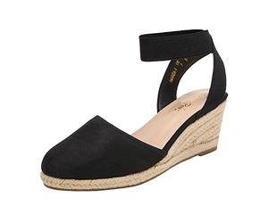 DREAM PAIRS Womens Espadrille Wedge Sandals Slingback Mid Heel Elastic Ankle Strap Closed Toe Summer Wedding Party Holiday,Size 7,Black,AMANDA-1