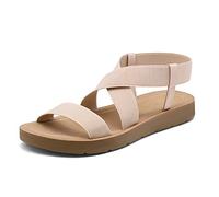 DREAM PAIRS Women's Flat Sandals Ladies Open Toe Elastic Cross Ankle Strap Fashion Summer Casual Flat Sandals Elena-1 Nude Size 6.5 UK/8.5 US