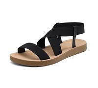DREAM PAIRS Women's Flat Sandals Ladies Open Toe Elastic Cross Ankle Strap Fashion Summer Casual Flat Sandals ELENA-1 BLACK Size 5.5 UK/7.5 US