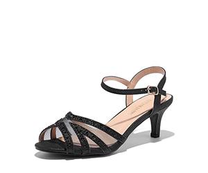 DREAM PAIRS Women's Glitter Open Toe Kitten Heels Sandals, Adjustable Ankle Strap, Comfortable Soft Sole, Rhinestone Embellishments, Wedding Party Prom Shoes, Size 6.5,Black,NINA-166