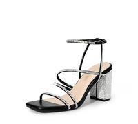 DREAM PAIRS Women's Heels Chunky Block Strappy Square Open Toe Ankle Buckle Heeled Sandals Wedding Party Dress Shoes SDHS2428W,Size 6.5,Black-Rhinestone,SDHS2428W