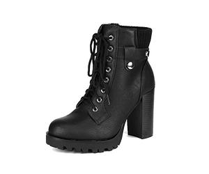 DREAM PAIRS Women's High Heel Platform Ankle Boots | Faux leather upper, 4 heel, Block heel, Side zipper, Knitted Detail, Versatile style, Classic style