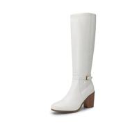 DREAM PAIRS Women's Knee-High Boots, Comfortable Chunky Block Heel Pointed Toe Pull On Side Zipper Suede Slouch Riding Boots SDKB2403W,Size 7,White-Pu,SDKB2403W