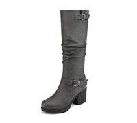 DREAM PAIRS Women's Knee-High Boots, Comfortable Chunky Block Heel Pointed Toe Pull On Side Zipper Suede Slouch Riding Boots,Size 3.5,Grey,CHAI-1