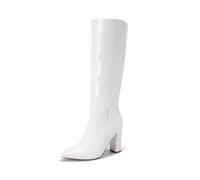 DREAM PAIRS Women's Knee-High Boots, Comfortable Chunky Block Heel Pointed Toe Pull On Side Zipper Suede Slouch Riding Boots SDKB2406W,Size 9,White-Pat,SDKB2406W