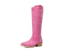 DREAM PAIRS Women's Knee-High Boots, Comfortable Chunky Block Heel Pointed Toe Pull On Side Zipper Suede Slouch Riding Boots,Size 7.5,Hot Pink,DWUMKB2502