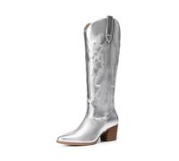 DREAM PAIRS Women's Knee-High Boots, Comfortable Chunky Block Heel Pointed Toe Pull On Side Zipper Suede Slouch Riding Boots SDKB2410W,Size 4.5,Silver-Metal,SDKB2410W