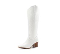 DREAM PAIRS Women's Knee-High Boots, Comfortable Chunky Block Heel Pointed Toe Pull On Side Zipper Suede Slouch Riding Boots SDKB2410W,Size 9,White,SDKB2410W