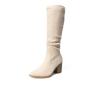 DREAM PAIRS Women's Knee-High Boots, Comfortable Chunky Block Heel Pointed Toe Pull On Side Zipper Suede Slouch Riding Boots,Size 8,Beige,SDKB2308W