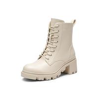 DREAM PAIRS Women's Lug Sole Combat Ankle Bootie Lace up Low Chunky Block Heels Side Zipper Boots Fashion Causal Shoes SDAB2317W,Size 5,Beige,SDAB2317W
