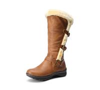 DREAM PAIRS Women's Minx Fully Faux Fur Lined Triple Buckle Ruched Snow Knee High Winter Boots Camel PU Size 9 UK