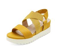 DREAM PAIRS Women's Open Toe Leather Dressy Platform Wedge Sandals, Slip On with Elastic Ankle Strap, Comfortable Summer Shoes for Travel, Beach Holidays, Parties,Size 6,Yellow,Charlie-5