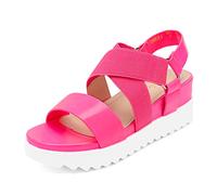 DREAM PAIRS Women's Open Toe Leather Dressy Platform Wedge Sandals, Slip On with Elastic Ankle Strap, Comfortable Summer Shoes for Travel, Beach Holidays, Parties,Size 5.5,Neon/Pink,CHARLIE-5