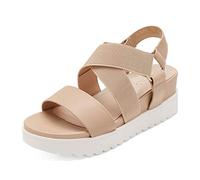 DREAM PAIRS Women's Open Toe Leather Dressy Platform Wedge Sandals, Slip On with Elastic Ankle Strap, Comfortable Summer Shoes for Travel, Beach Holidays, Parties,Size 6,Nude,Charlie-5