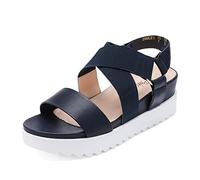 DREAM PAIRS Women's Open Toe Leather Dressy Platform Wedge Sandals, Slip On with Elastic Ankle Strap, Comfortable Summer Shoes for Travel, Beach Holidays, Parties,Size 6,Navy,Charlie-5