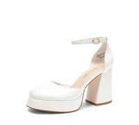 DREAM PAIRS Women's Platform Block Heel Pumps,White-Pu,6.5