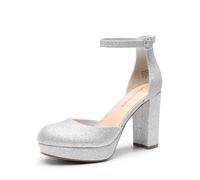 DREAM PAIRS Women's Platform Chunky Closed High Heels,Silver,6.5