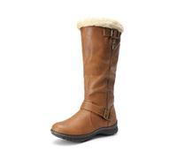 DREAM PAIRS Women's Rabbit Lady Fully Fur Lined Double Buckle Ruched Snow Knee High Winter Boots Camel PU Size 7 UK