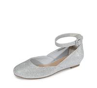 DREAM PAIRS Women's Revona Silver Glitter Low Wedge Ankle Strap Flats Shoes Size 7.5 US/ 5.5 UK