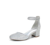 DREAM PAIRS Women's Round Toe Low Block Heel Pumps,Silver,6