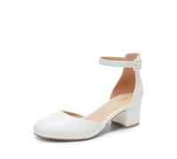 DREAM PAIRS Women's Round Toe Low Block Heel Pumps,White,5.5