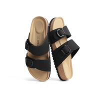 DREAM PAIRS Women's Slides Soft Genuine Footbed Sandals Comfortable Adjustable Double Buckle Slip-on Flat Sandals with Arch Support Frame Dual Slippers for Summer 2026,Size 6,Black,SDSS26004W