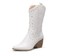DREAM PAIRS Women's Western Cowboy Cowgirl Boots, Artistic Embroidery, Studs, Cuban Heel, Side Zipper, Breathable Interior, Party, Winter, Concert, Size 9,White,SDMB2207W