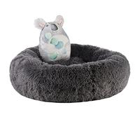 Dream Paws Calming Donut Dog Bed for Small Dogs & Cats, Fluffy Anti-Anxiety Pet Bed with Soft Faux Fur, Washable Plush Round Cuddler Bed with Squeak Toy, Non-Slip Base | Charcoal 58x58cm