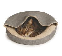 Dream Paws Cat Bed, Snug Calming Hideaway with Hooded Blanket, Herringbone Cat Cave Igloo House for Indoor Cats, Warm Anxiety Fleece Kitten Bed, Washable Non Slip Pet Bed for Small Dogs, Grey, 58x58cm