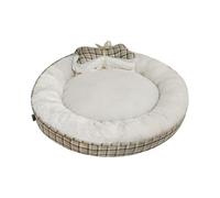 Dream Paws Pet Donut Bed with Matching Blanket, Faux Linen Round Plush Dog Bed for Small Breeds & Cats, Washable Neutral Check Pattern Pet Bedding | 56x56x12cm