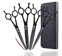 Dream Reach Dog Grooming Scissors Kit for Trimming Dogs & Cats, 7 in | Professional 4pc Set: Curved, Thinning, Chunker & Straight Shears, Ambidextrous, Black, Stainless Steel