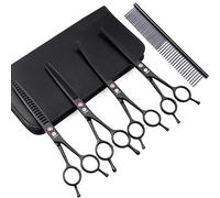 Dream Reach Professional 7.0'' Dog & Cat Grooming Scissors Kit - Curved, Straight & Thinning Scissors - 4pcs Set with Grooming Comb - Black, Stainless Steel