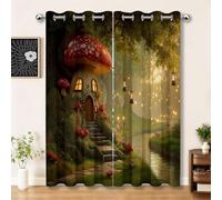 Dream Soundproof Curtains, Magic Forest Mushrooms Cottages Stone Paths Blackout Thermal Insulated Window Drapes, Green 46 x 54 Inch (Width x Length) Noise Reduction Curtains for Bedroom, 2 Panels