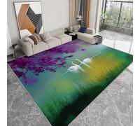 Dream Style Washable Area Rug 100 x 160 cm, Grassland Cherry Blossoms Animals Swans Non-Slip Bedroom Rug - Ultra-Thin Low pile Printed Carpet for Living room Dining Room Office Game Room Carpet