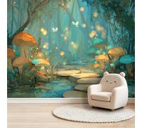 Dream Theme Wall Mural Wallpaper 200x140 cm - Forest Butterflies Mushrooms Path Pattern Poster Non-Woven Art Photo Wallpaper, Blue 3D Effect Wall Mural Covering for Living Room Bedroom Office Decor