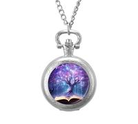 Dream Tree On Book Vintage Pocket Watch Alloy Pendant Watches Necklace Gift for Men Women Silver-Style